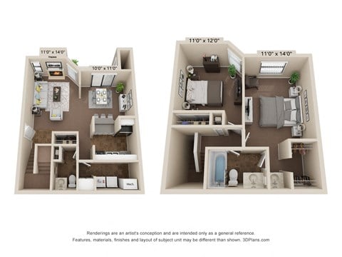 Floor plan for 2 beds, 1.5 baths, 1110 sqft